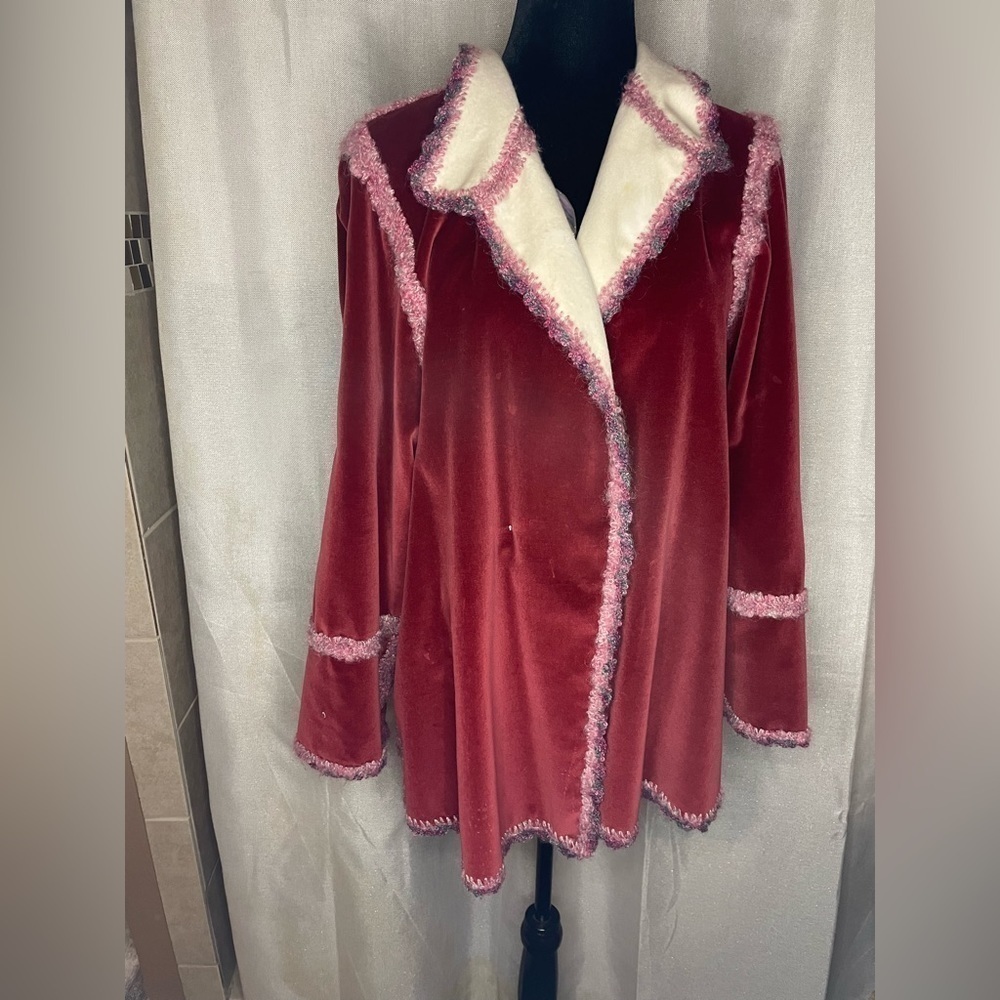 Reversable Bohemian ￼Velvet Burgundy & Off White 2 Tone Women's Jacket sz L-XL  - Picture 5 of 13